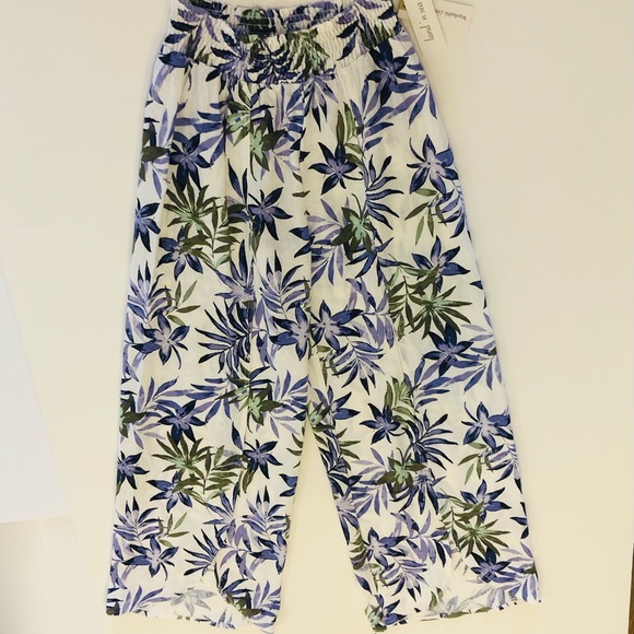 Land ‘n sea Linen Blend Pants Wide Leg Front Slit Leaf All Over Print Size S - Picture 2 of 16